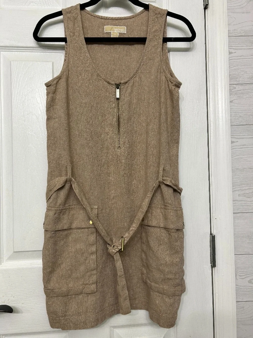 Michael Kors Summer Shift Short Linen Dress Tan M Casual Lounge Cool Earthy